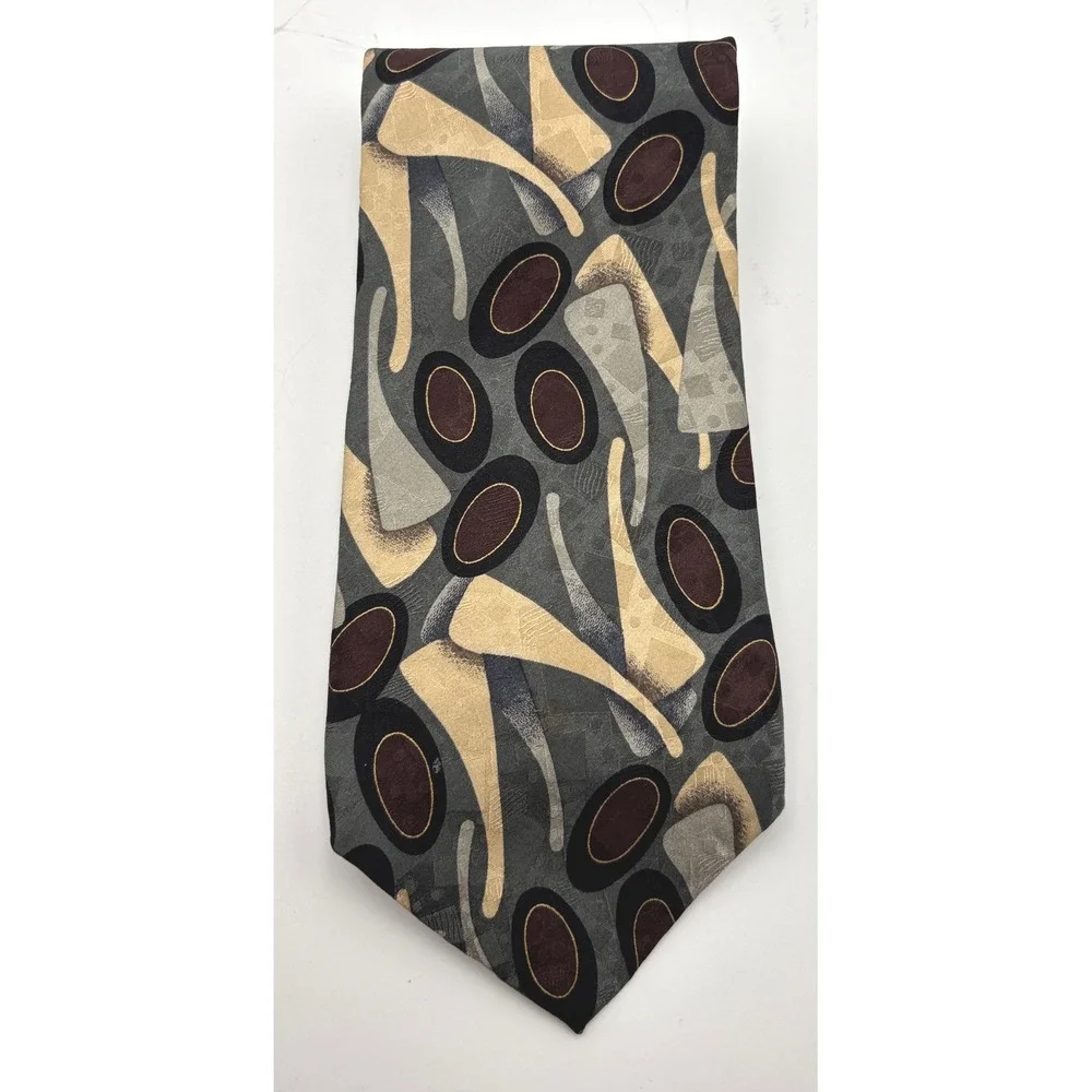 Cellini Linea Uomo Men's 100% Silk Necktie Abstract Geometric Gray Gold Burgundy